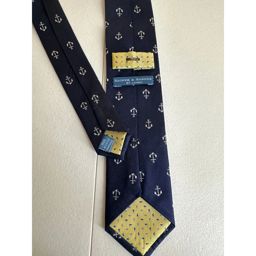 Haines & Bonner London Silk Tie Navy‎ Anchor Pattern Classic Necktie
